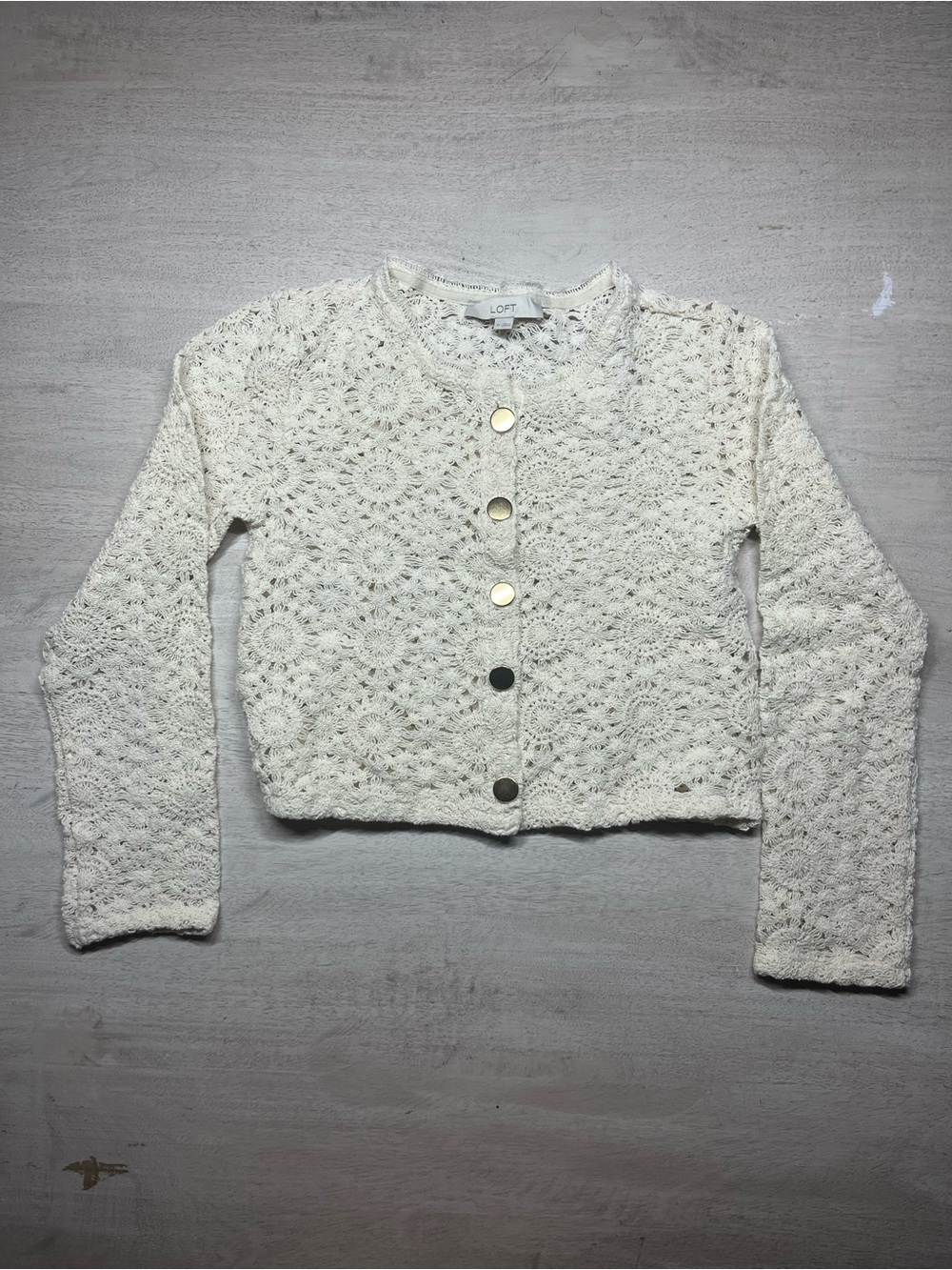 LOFT Cream Crocheted Button Cardigan